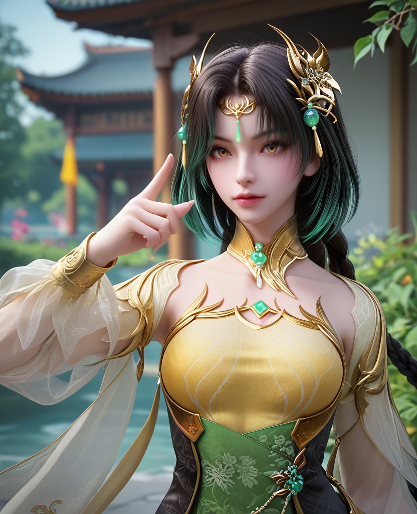 (oriental architecture, elegant decor, sophisticated style:1.1),index finger raised,(breasts:1.2),<lora:XL16完美世界苏兰:0.95>,miss sulan,yellow bandeau,bobtail,brown eyes,black hair,green highlights,braided ponytail,hair ornament,detached collar,very long hair,sash,black bobtail,, zPDXL2, score_9, score_8_up, score_7_up BREAK realistic, masterpiece,best quality, highly detailed,, zPDXL3, zPDXL2,zPDXL, zPDXLxxx, zPDXLrl,
