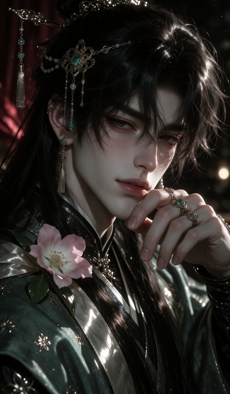 A pale-skinned male with long black hair partially obscuring his face rests his chin on a hand adorned with delicate silve...