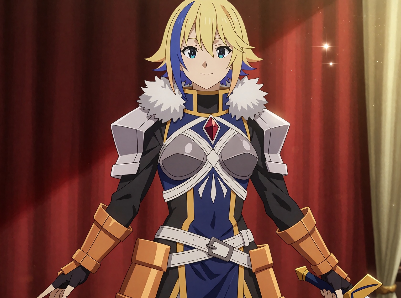 Claire from KonoSuba,  an ***** woman,  stands against a deep red curtain in a waist-up portrait on Tensor.Art