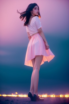 1girl,Leica color,(by artist Aliza Razell:1.5),Absolute field,full body,misty,Light pollution,pink light,blue light,