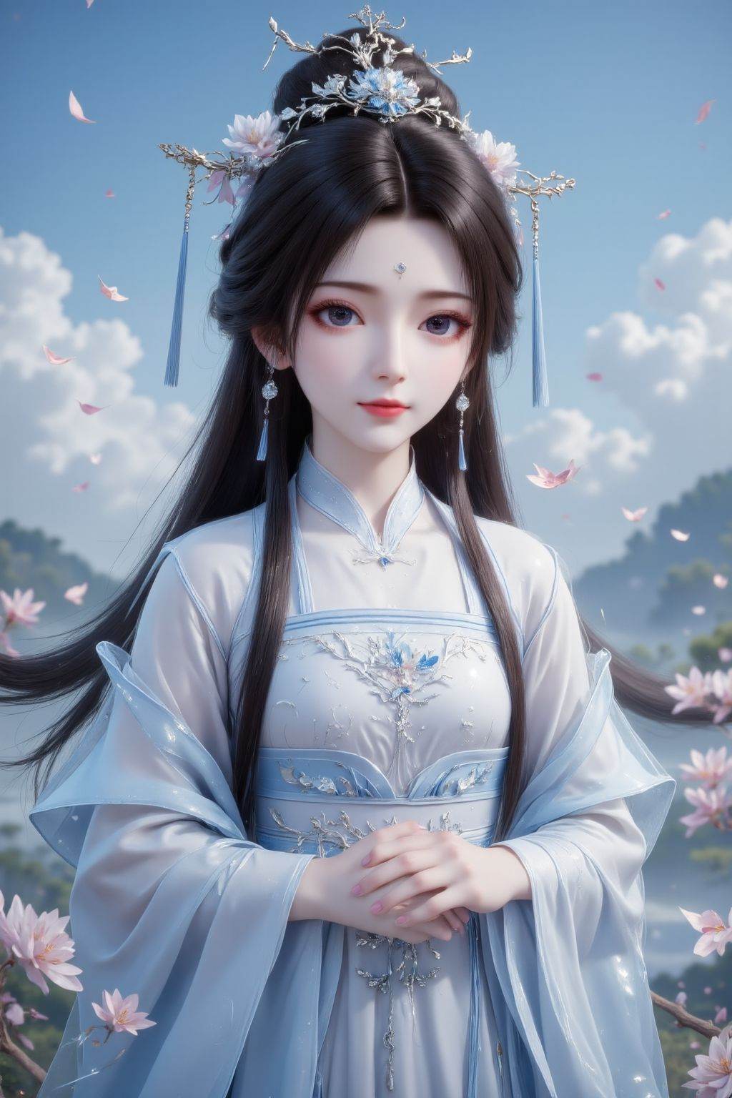 The image depicts a young girl with long, straight dark hair styled into two symmetrical ponytails that flow down her back. Her hair is adorned with an intricate white floral and vine-like hairpiece at the top. She has large, expressive eyes with a soft gaze, and a small, delicate bindi (forehead ornament) is present on her forehead. Her ears are decorated with long, dangling earrings featuring blue and silver accents. She wears a traditional light blue hanfu (ancient Chinese attire) with wide, flowing sleeves that drape elegantly. The hanfu’s bodice has detailed white embroidery with floral and swirling patterns, and the fabric appears soft and ethereal. Her hands are gently clasped together in front of her. The background is a serene light blue sky with scattered, fluffy white clouds. Small, white leaves are floating around her, adding a sense of movement and whimsy. The overall color palette is soft and pastel, with shades of blue, white, and subtle hints of other colors in the hairpiece and embroidery. The scene has a calm, ethereal, and slightly whimsical atmosphere., traditional Chinese painting