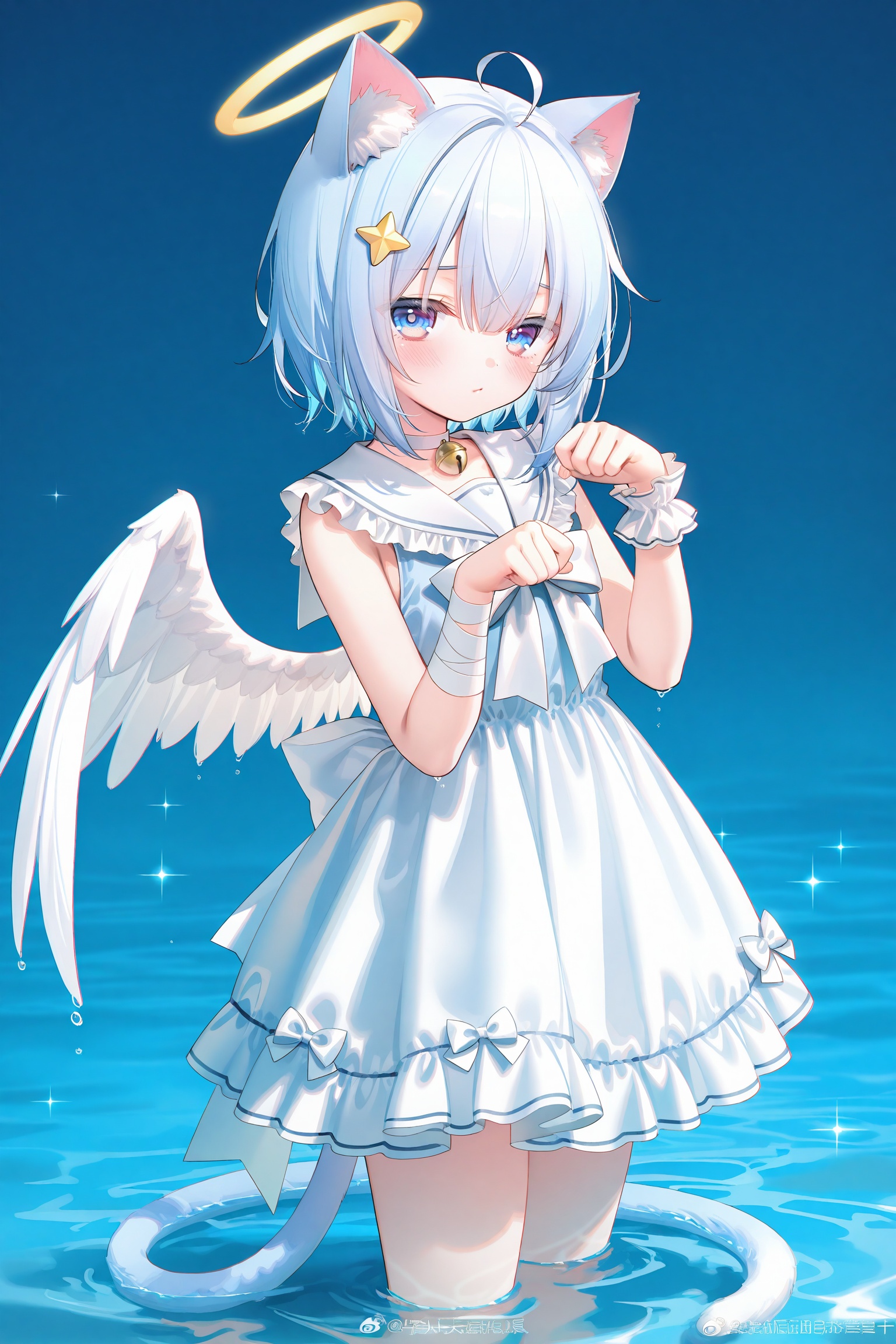 masterpiece,absurdres,best quality,petite,high quality,chromatic_aberration,loli,//,1girl,dress,weibo username,animal ears,weibo logo,white dress,solo,wings,blue eyes,watermark,sleeveless,halo,hair ornament,white bow,white wings,cat ears,sleeveless dress,frilled dress,white bowtie,paw pose,bow,frills,blue hair,angel wings,wading,star (symbol),bandaged arm,single wrist cuff,looking at viewer,ahoge,white choker,bowtie,white hair,bandages,closed mouth,wrist cuffs,white sailor collar,crescent,sailor collar,colored eyelashes,tail,feathered wings,dress bow,short hair,blue theme,multicolored hair,choker,water,cat tail,bell,star hair ornament,hands up,artist name,frilled sailor collar,sparkle,sample watermark,white wrist cuffs,blue background,cat girl,animal ear fluff,/,artist:ciloranko,artist:suimya,artist:muririn,artist:peas0125,artist:sho_(sho_lwlw),artist:tianliang_duohe_fangdongye,artist:eip (pepai),artist:rukako,artist:toosaka_asagi,artist:ask(askzy),