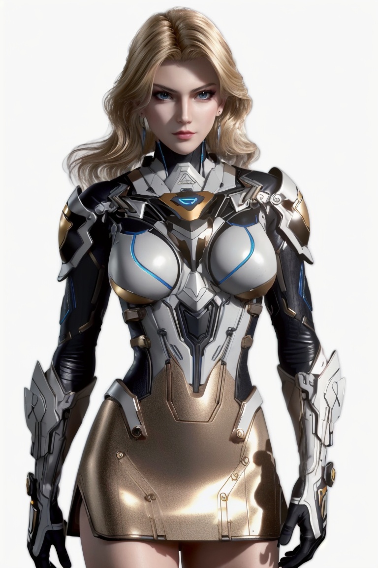 ((HRD, HUD, 8K)),((masterpiece, best quality)), highly detailed,1girl, solo, long hair, blonde hair, blue eyes, makeup, lips, earrings, jewelry, breasts, medium breasts, bodysuit, armor, gloves,simple background, white background, upper body, standing, looking at viewer, <lora:吞噬星空维妮娜·波莱纳斯_v1.0-0008:0.7>