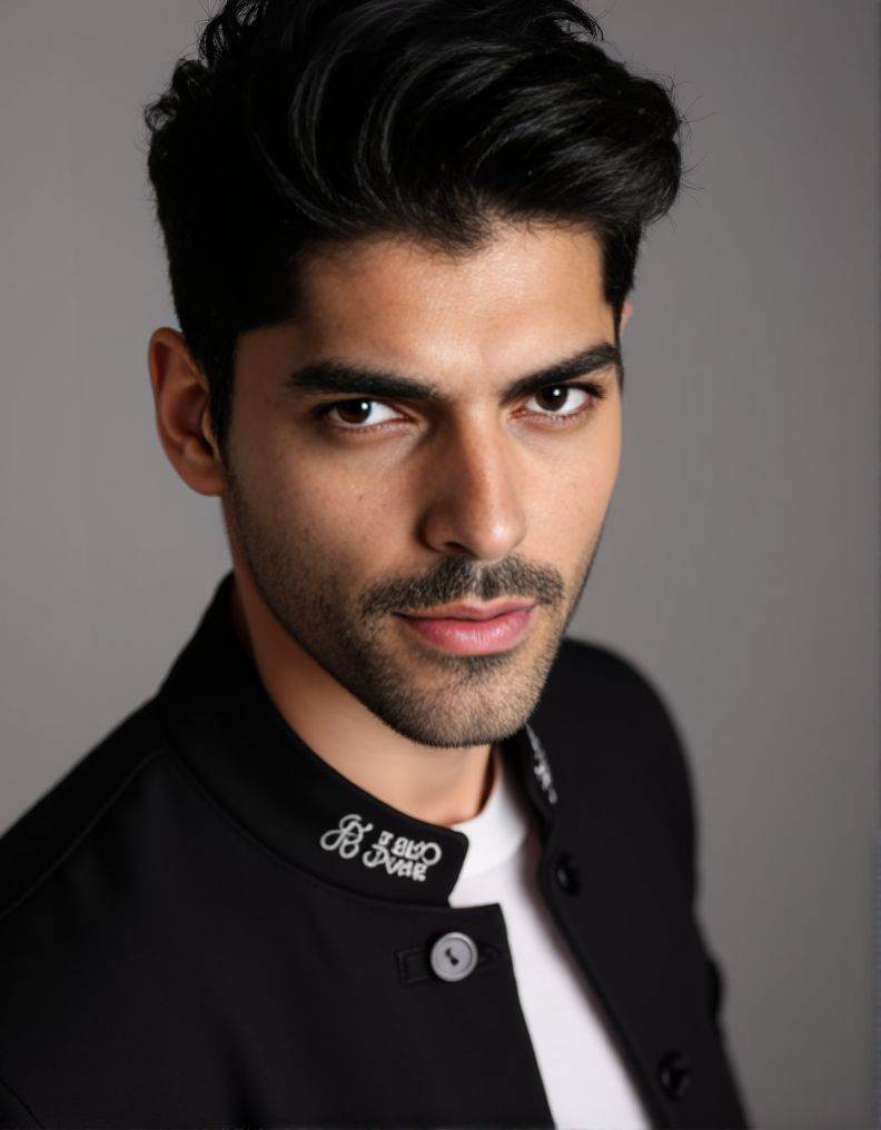 Smaran Sahu ,  posing confidently at during a portrait photoshoot. The scene is focused on a headshot. intense gaze and se...