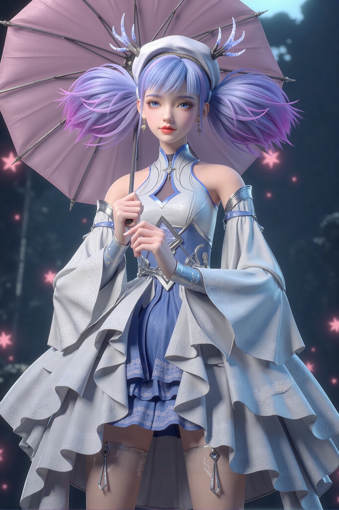 Tutu Aurora 8D Pantyhose (the name is a trigger word), Generate an original, extremely detailed illustration of Xiaolu — a female character inspired by East Asian aesthetics. She has long purple hair styled in twin tails or pigtails, some strands are lavender with purple tips, others dyed blue or pink. Her bangs frame her face and flow naturally as she stands holding a large umbrella. She wears a white and silver futuristic fantasy outfit: a high-collar dress with off-shoulder sleeves, a frilly skirt, and thigh-high stockings. Accessories include an ornate headpiece, feather-adorned hat, silver choker, large earrings, and intricate jewelry with elaborate patterns. Her expression is gentle and serene, full of quiet charm. The scene shows her in full body view, standing under an umbrella (parasol), possibly in a dreamlike or fantasy setting. A flower motif subtly enhances the composition. The style is illustrative and highly detailed, with vibrant colors and elegant design. Make sure the image is of high resolution and studio-quality. Tutu Aurora 8D Pantyhose