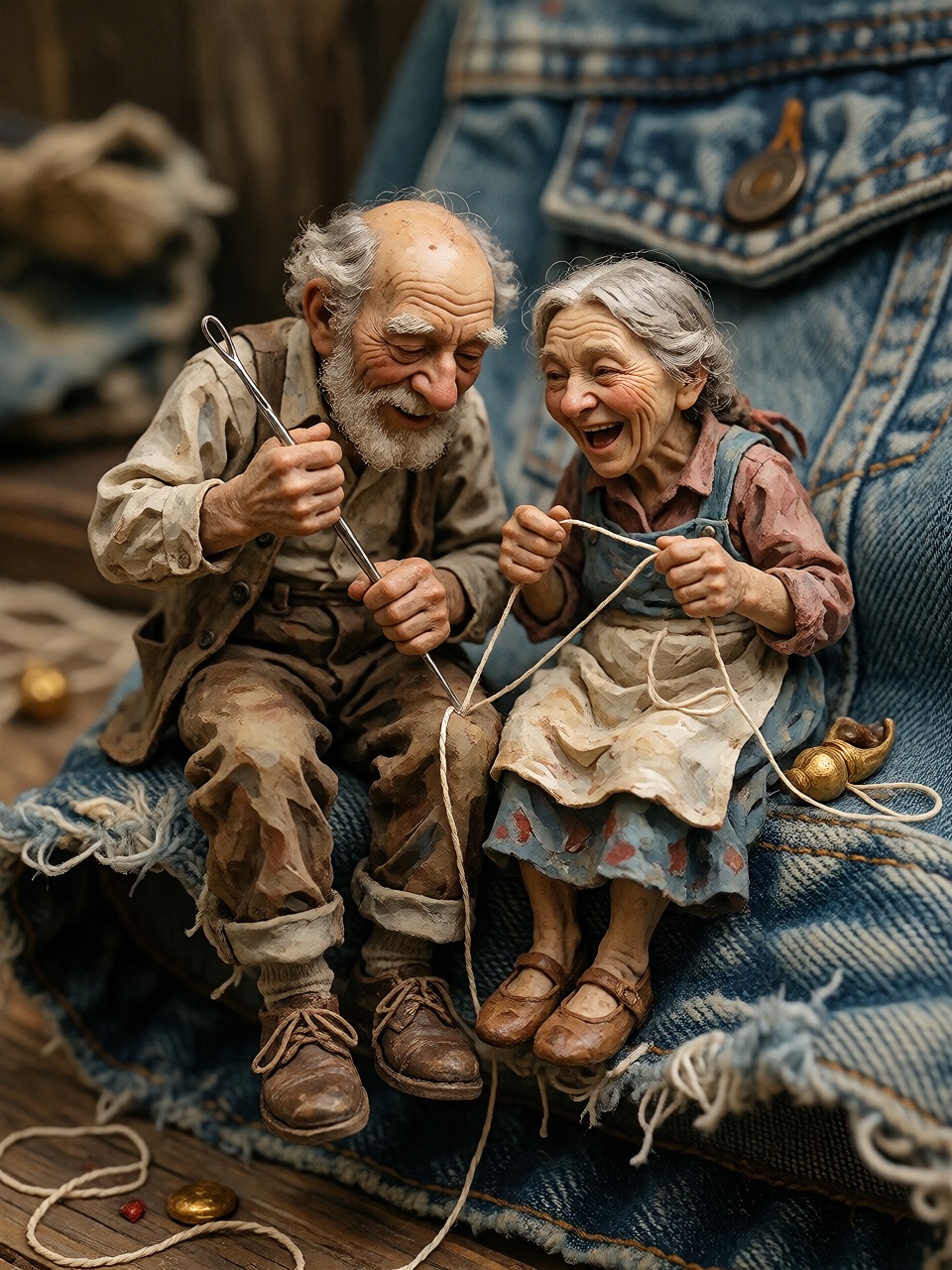 A whimsical macro photograph of two tiny hand-painted elderly figurines sitting on the enormous frayed cuff of a real blue...