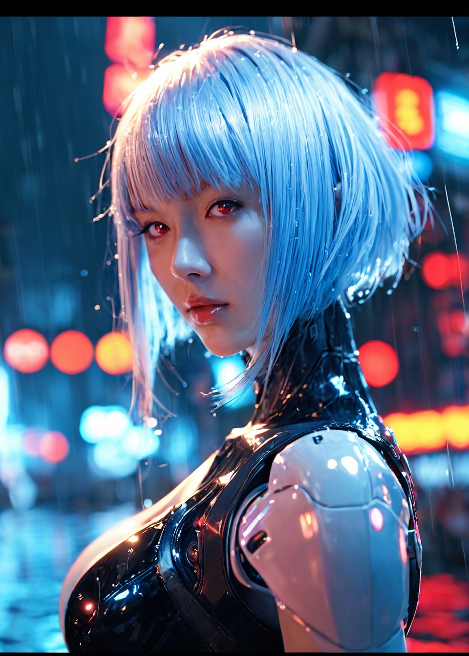 score_9,score_8_up,score_7_up,1girl,solo,breasts,looking at viewer,short hair,bangs,red eyes,closed mouth,blue hair,upper body,white hair,blurry,from side,lips,depth of field,blurry background,glowing,letterboxed,science fiction,rain,android,cyborg,robot joints,cyberpunk,