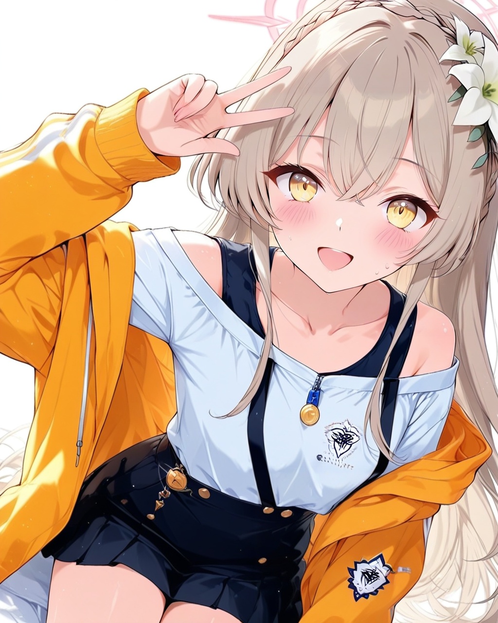 O,nagisa (blue archive),nagisa (blue archive),1girl,solo,flower,halo,hair ornament,long hair,hair flower,yellow eyes,skirt,jacket,white background,v,looking at viewer,hood,sitting,hoodie,suspenders,simple background,suspender skirt,bangs,smile,open clothes,long sleeves,blue skirt,open mouth,open jacket,hood down,very long hair,hair between eyes,blush,braid,off shoulder,high-waist skirt,drawstring,collarbone,sleeves past wrists,white shirt,white flower,(UHD),anatomically correct,accurate,textured skin,super detail,high details,award winning,best quality,high quality,retina,HD,16k,1080P,