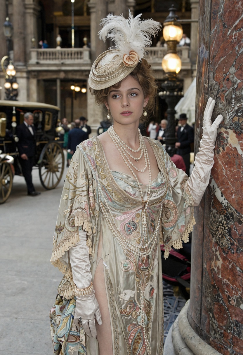hyper-realistic cinematic portrait of a stunning young woman in Belle Époque Paris,  circa 1900,  standing at the entrance...