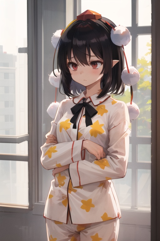aya body,1girl,solo,shameimaru aya,<lora:shameimaru aya nai005:0.6>,print_pajamas,