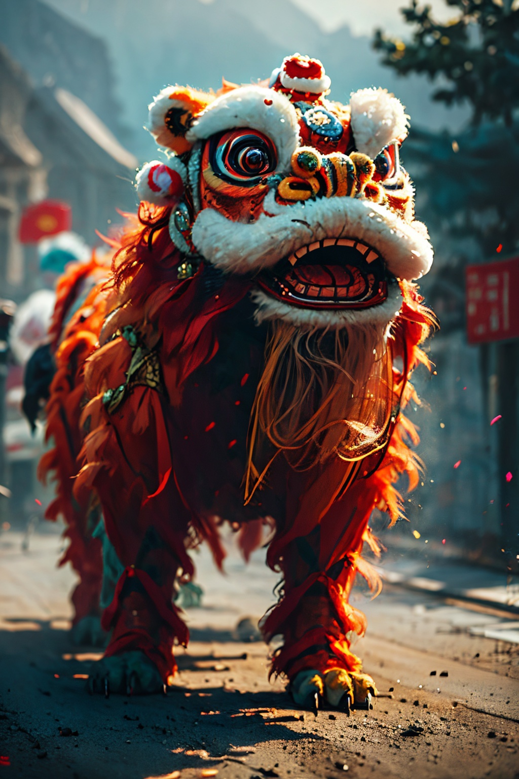 Chinese lion dance,solo,outdoors,no humans,standing,full body,blurry,day,wind,<lora:xingshi-000008:0.8>,, (high quality), best quality, (4k), 8k, super detailed, (full detail), (masterpiece), (realistic), super detailed,(Exquisite details) ,intricate,