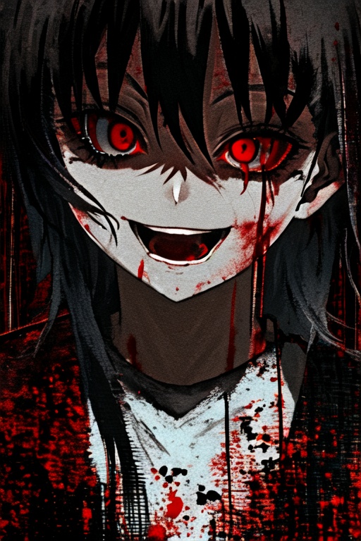 1girl,<lora:loneliness_15_v2>,night,dark,1girl,blood on face,smile, open mouth, red eyes