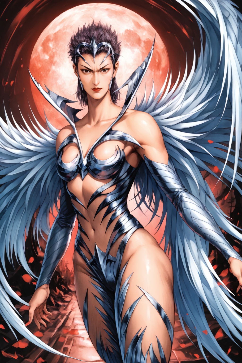 safe_pos,score_9,score_8_up,score_7_up,Tiexin,1girl,solo,silver wings,silver armor,short hair,hair ornament,silver helmet,boot,looking at viewer,cowboy shot,nice hands,<lora:pony神兵玄奇-铁心（无妄）:1>,(highres, high quality:1.3),intricate details,sharp focus,depth of field,outdoors,sky,night,red moon,soft focus,bright skin,Holy lighting,white skin,mature female,magnificent architecture,overexposure,dynamic pose,dynamic angle,<lora:add-detail-xl:0.5>,mature female,curvy,shiny skin,oiled skin,