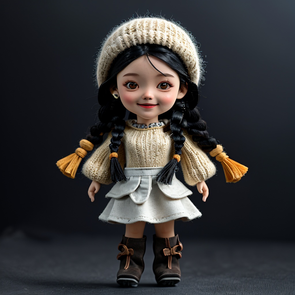 <lora:MAOXR-1.5:0.75>,maoxr,1girl,solo,black hair,long hair,braid,smile,twin braids,boots,looking at viewer,full body,standing,arms at sides,skirt,