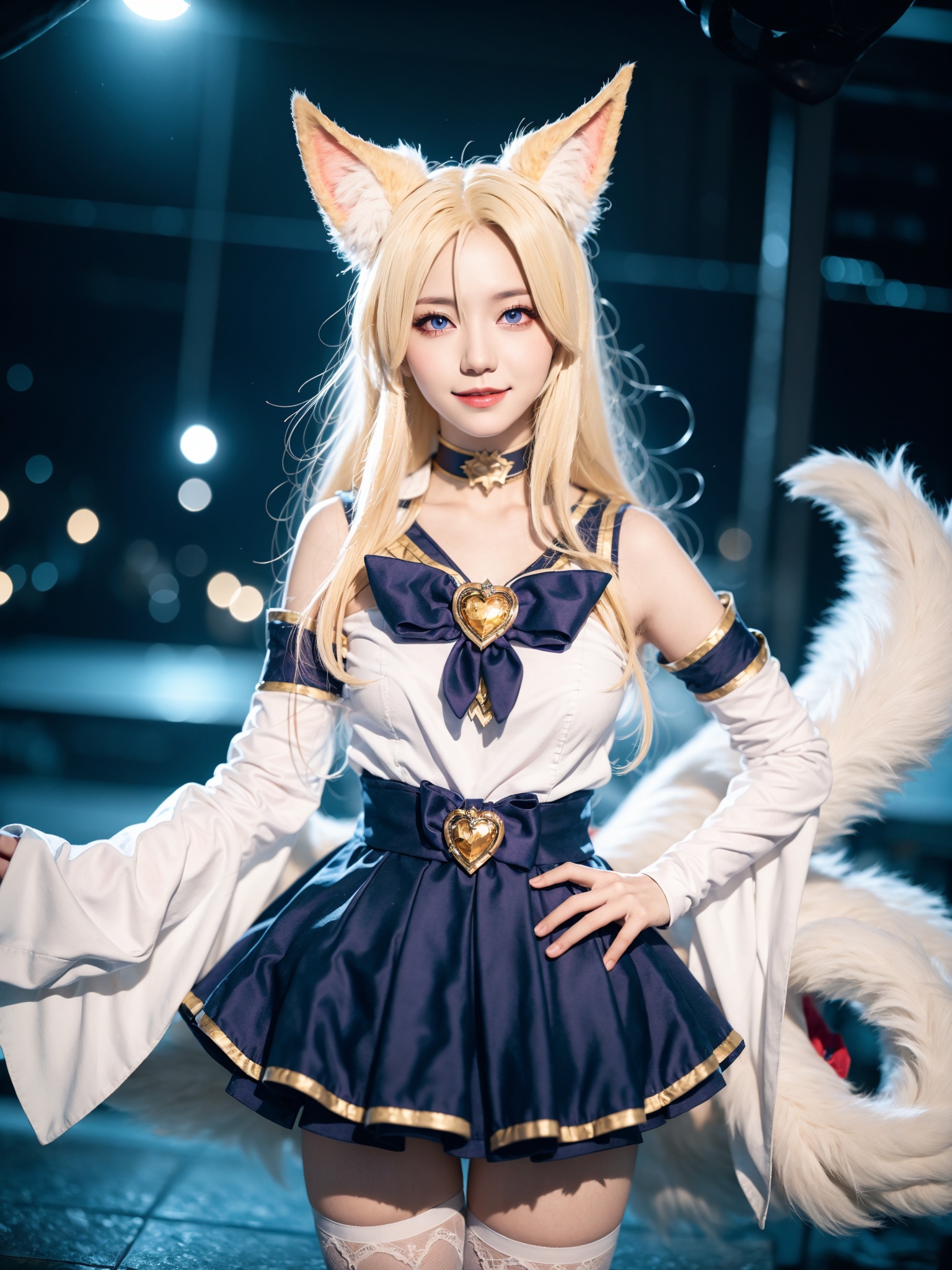 Best quality,4K,HDR,RAW photo,ultrafine detailed,Star Guardian Ahri,1girl, tail, ahri (league of legends), fox tail, animal ears, heart, thighhighs, fox ears, long hair, skirt, A red short skirt,multiple tails, blonde hair, solo, looking at viewer, smile, choker, white,gloves,sailor senshi uniform,detached sleeves, fox girl, blue eyes, idol, magical girl, purple eyes,<lora:Ahri_20240510232413:0.7>