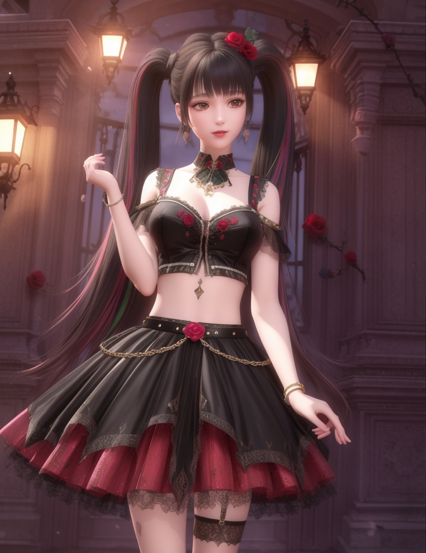 ultra realistic 8k cg, picture-perfect face, flawless, clean, masterpiece, professional artwork, famous artwork, cinematic lighting, cinematic bloom, perfect face, beautiful face, fantasy, dreamlike, unreal, science fiction , beautiful clothes, lace, lace trim, lace-trimmed legwear,  (rich:1.4), prestige, luxury, jewelry, diamond, gold, pearl, gem, sapphire, ruby, emerald, intricate detail, delicate pattern, charming, alluring, seductive, erotic, enchanting, hair ornament, necklace, earrings, bracelet, armlet,halo((,1girl, pov,))  (((,multiple_girls, 2girls, flower, rose, multicolored_hair, midriff, twintails, skirt, gigantic breasts, looking at viewer, )))   <lora:DA_ChloeNightWings:0.6>