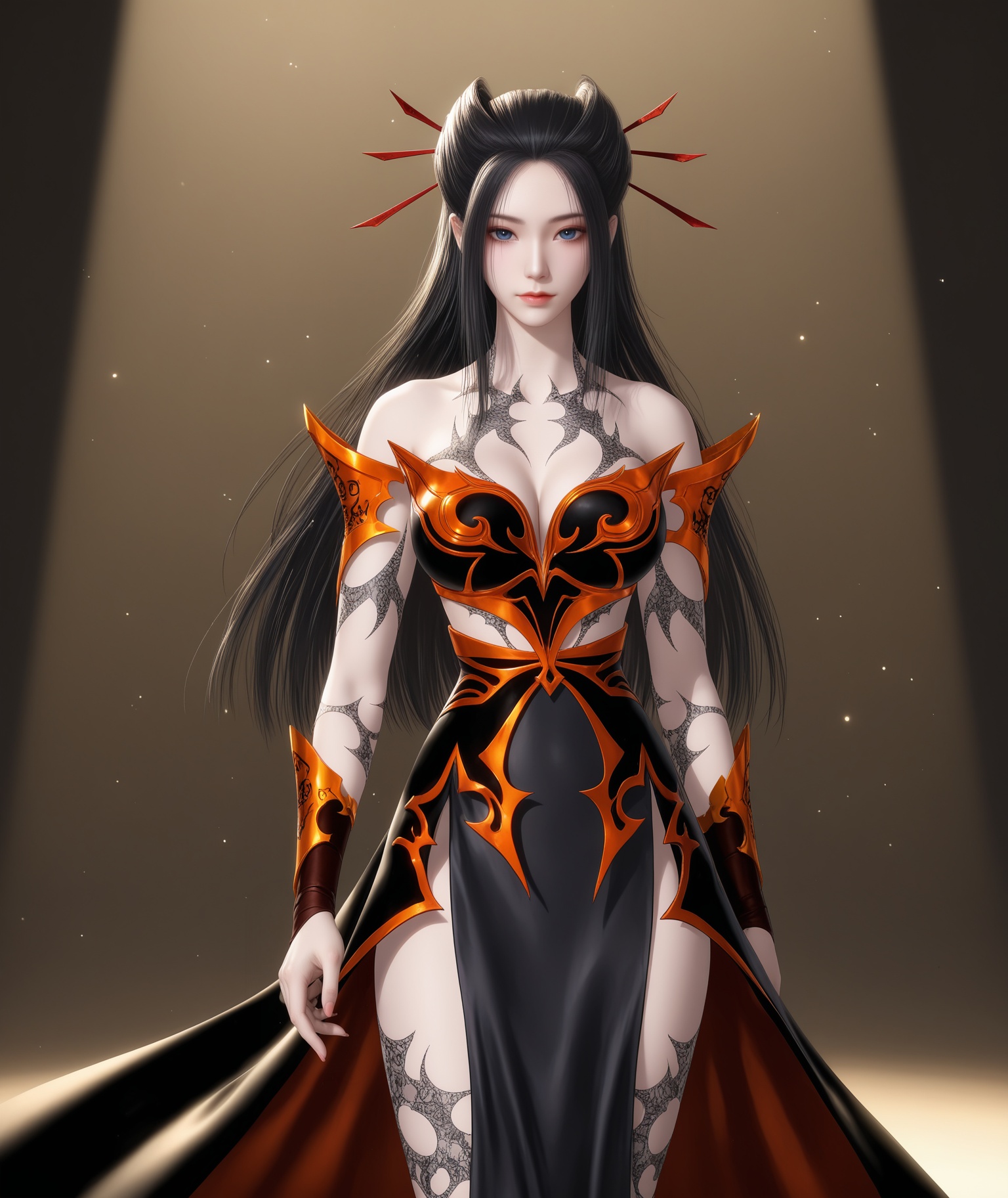 (score_9),masterpiece,best quality,absurdres,highres,BREAK<lora:焰灵姬-ill:0.85>,yanlingji,1girl,solo,long hair,black hair,hairpin,blue eyes,tattoo,pauldrons,breastplate,wrist armor,dress,black dress,(white_skin),(Ivory_skin),collarbone,(large breasts),puffy chest,looking at viewer,front view,standing, BREAKsimple background,Tyndall effect,Cinematic Lighting,Volumetric Lighting,