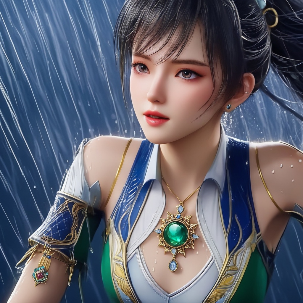 <lora:849-DA-XL-斗罗大陆-唐雅:0.8>, (,1girl, ,best quality, ),, ,ultra detailed 8k cg,   ,masterpiece((((1girl, solo,  , ,solo focus, wet,sweat, ocean,rain, water drop, )))) (, , sweatdrop, flying sweatdrops, sweating profusely,colorful drop \(module\), )   clean, masterpiece,     cinematic lighting, cinematic bloom,   , unreal, science fiction, luxury, jewelry, diamond, gold, pearl, gem, sapphire, ruby, emerald, intricate detail, delicate pattern, charming, alluring, seductive, erotic, enchanting, hair ornament, necklace, earrings, bracelet, armlet,halo,