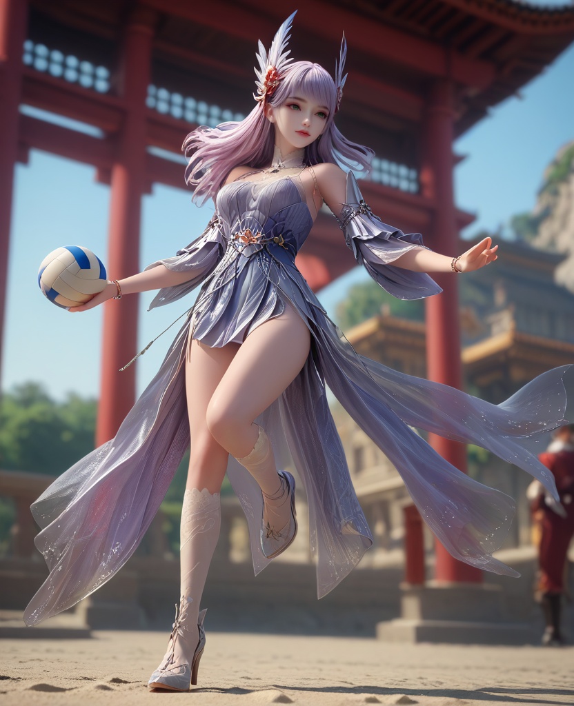 (oriental architecture, elegant decor, sophisticated style:1.1),(playing beach volleyball,jumping:1.1),(breasts:1.2),<lora:XL16克金玩家林紫玥:0.95>,miss linziyao,lavender dress,green eyes,decorative left eye foils,lilac hair,long hair,hair ornament,bare shoulders,detached sleeves,jewelry,sash,bracelet,white socks with embroidery,, zPDXL2, score_9, score_8_up, score_7_up BREAK realistic, masterpiece,best quality, highly detailed,, zPDXL3, zPDXL2,zPDXL, zPDXLxxx, zPDXLrl,
