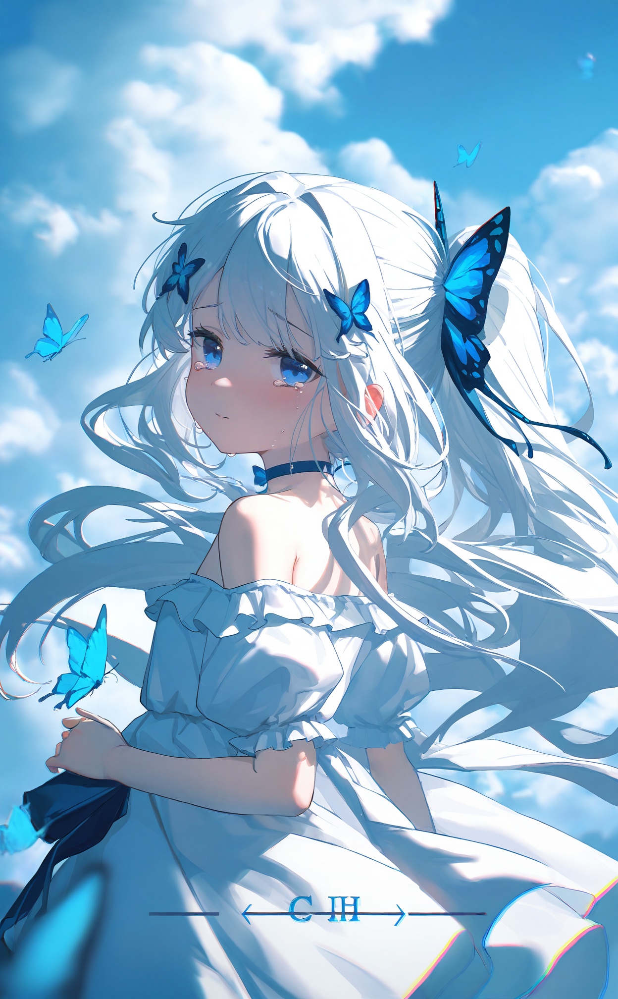 masterpiece,highres,absurdres,newest,best quality,high quality,loli,petite,chromatic_aberration,//,,High quality 8k，1girl, solo, long hair, looking at viewer, blush, bangs, blue eyes, hair ornament, dress, ribbon, bare shoulders, closed mouth, hair ribbon, ponytail, white hair, frills, sky, choker, puffy sleeves, looking back, cloud, tears, off shoulder, white dress, english text, floating hair, crying, bug, butterfly, crying with eyes open, blue theme, off-shoulder dress, butterfly hair ornament, blue butterfly//,<lora:konya_karasue2——【noob】hans:0.8>,