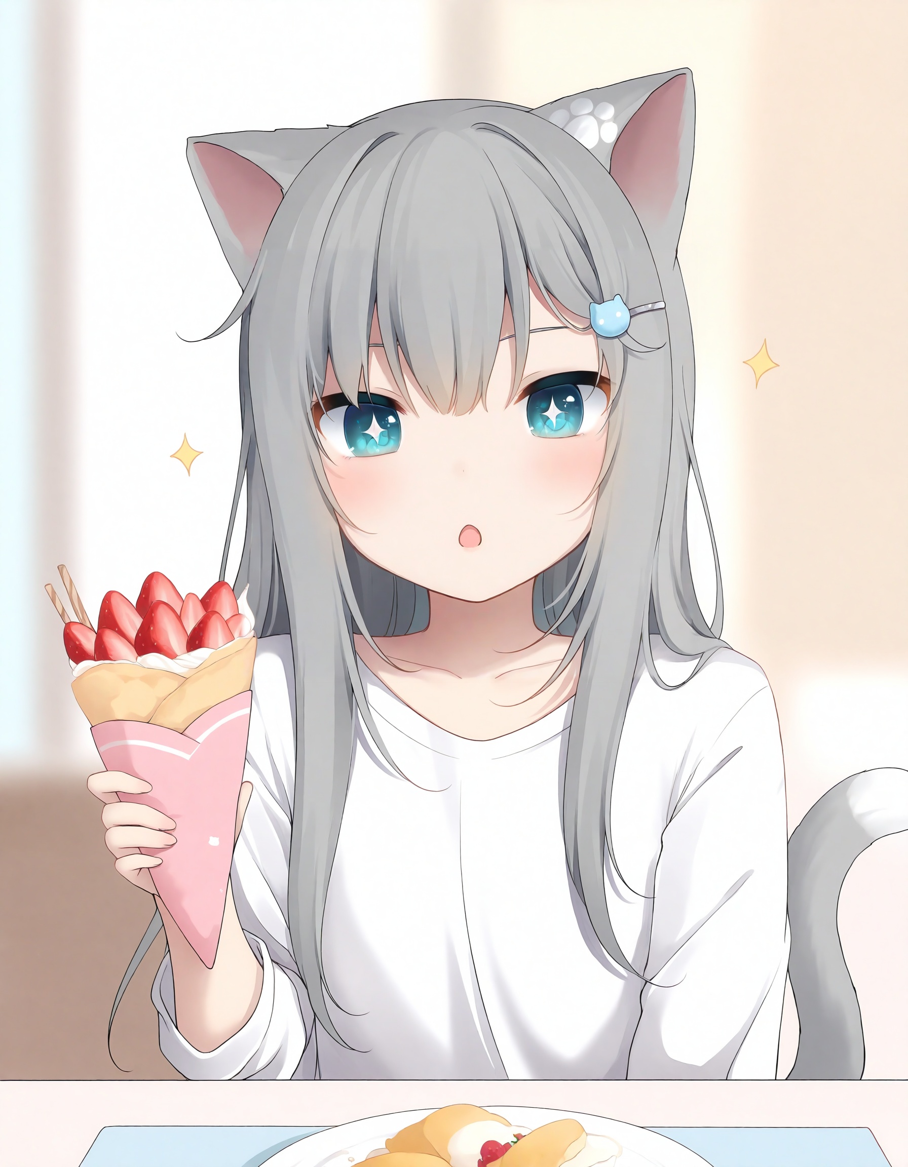 amashiro_natsuki, CHARACTERS-nachoneko, 1girl, animal_ears, cat_ears, grey_hair, cat_tail, tail, food, cat_girl, solo, blush, long_hair, blue_eyes, white_shirt, strawberry, :o, crepe, shirt, sitting, looking_at_viewer, +_+, fruit, parted_lips, long_sleeves, hair_ornament, blurry, hair_between_eyes, blurry_background, table, cat_hair_ornament, cake, collarbone, sparkling_eyes,,masterpiece, best quality, newest, highres, absurdres, newest,
