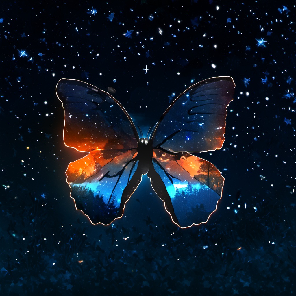 <lora:star_xl_v3:1>,ethereal ambiance, outdoors, blue and orange theme, wings, sky, no humans, butterfly, nature, scenery, forest, sunset, silhouette, butterfly wings, star \(sky\), starry sky, a brightly colored fluorescent butterfly with wings showing a cosmic scene and a black body, the upper part of the wings is blue like the starry sky and the lower part is orange like the sunset., the background is dark which possibly representing a tree or a rocky surface and is adorned with sparkling stars and a bright shooting star, image, translucent material, cosmic scene, galaxy or nebula, dark background, sparkling stars, bright shooting star