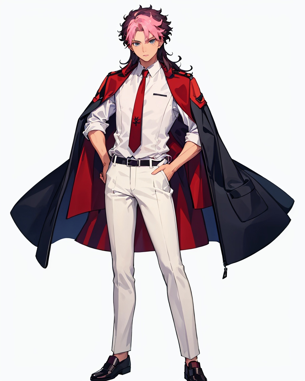 masterpiece,best quality, highly detailed, guel jeturk,1boy, male focus, solo, jacket on shoulders, mole under eye, white jacket, school uniform, white pants, full body, vest, white shirt, looking at viewer, red necktie, standing, hands on hips, sparkle, white background,<lora:guel_jeturk:1>