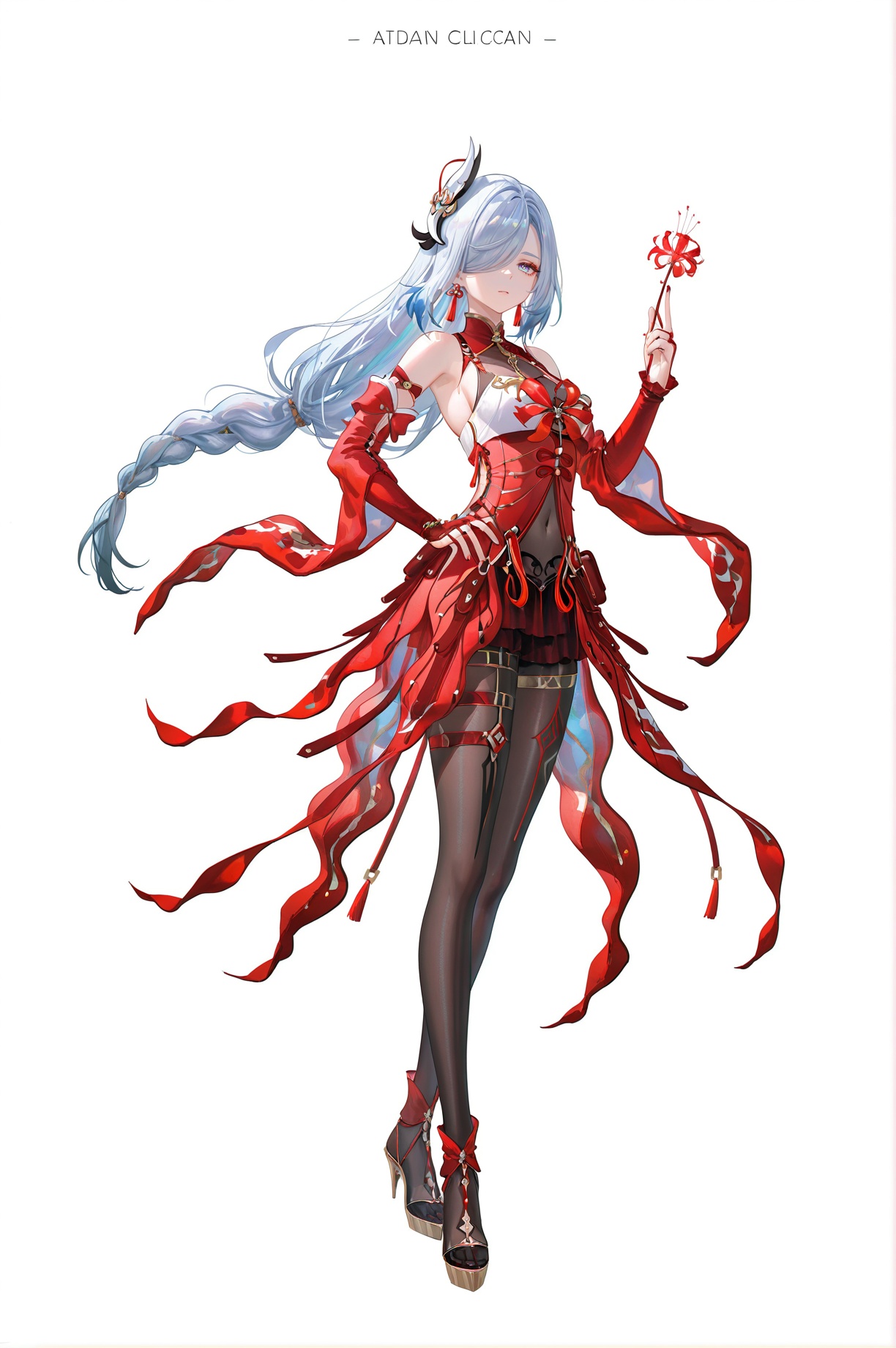 8k,best quality,masterpiece,(ultra-detailed),(high detailed skin),((artist:reoen),(artist:fuzichoco),(artist:atdan),(artist:torino_aqua),year 2024:0.8)1girl,[artist:wlop],[artist:ningen_mame],artist:ciloranko,[[artist:rhasta]],artist:tidsean,colorful,jijia,2d,ambient light,full body,full shot,standing,looking at viewer,(solo:1.2),simple background,(white background:1.2),hand on own hip,(white background:1.1),shenhe \(genshin impact\),<lora:Phrolova-ill-Tanger-000014:0.9>,clothes: Phrolovadef red dress,black pantyhose,hair,bandages,asymmetrical detached sleeves,