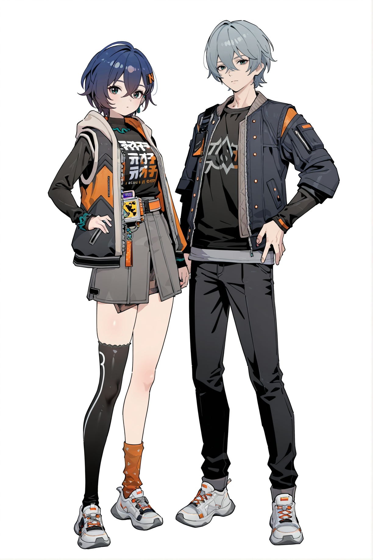 8k,best quality,masterpiece,(ultra-detailed),(high detailed skin),(year 2024:0.8),flat color,artist:maidforge,artist:aqua inc.,artist:edoya inuhachi,artist:reoen,artist:fuzichoco,full body,full shot,standing,looking at viewer,(solo:1.2),simple background,(white background:1.2),hand on own hip,(white background:1.1),Wise and Belle,1boy and 1girl,(hand in hand:0.9),symmetrical composition,<lora:zhelinew-ill-Tanger:0.8>,Belle \(Zenless Zone Zero\),clothes: Belledef  black-and-yellow jacket,dark blue hair,1girl,Belledef grey skirt,blue hair,shirt,single black thighhigh,hair ornament,belt,bangs,hair between eyes,sneakers,single thighhigh,Wise \(Zenless Zone Zero\),grey hair,clothes: Wisedef black jacket,1boy,male focus,white sneakers,Wisedef black pants,black shirt,long sleeves,