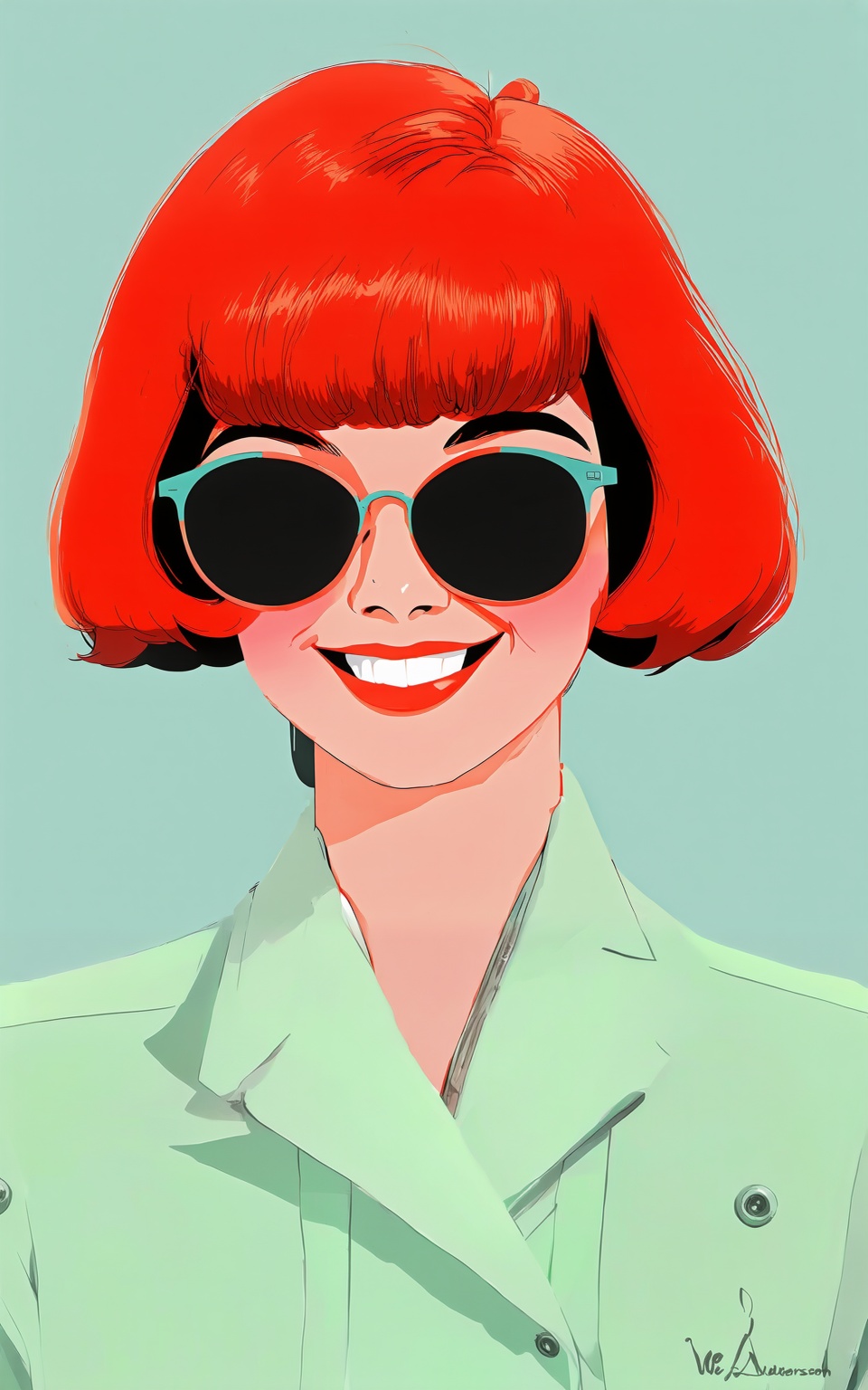 anime style,  a midcentury modern woman with red retro hair,  wearing Palm Springs retro attire and sunglasses. happy smil...