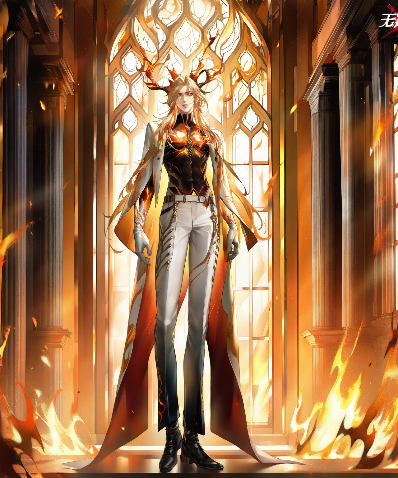 masterpiece,best quality,<lora:wqmt-gnoob-Tanger:1>,Path to Nowhere  \(video game\),game CG,1boy, blonde hair, solo, male focus, horns, gloves, indoors, standing, full body, boots, white pants, black footwear, white gloves, window, looking at viewer, fire, long hair, pants, bangs