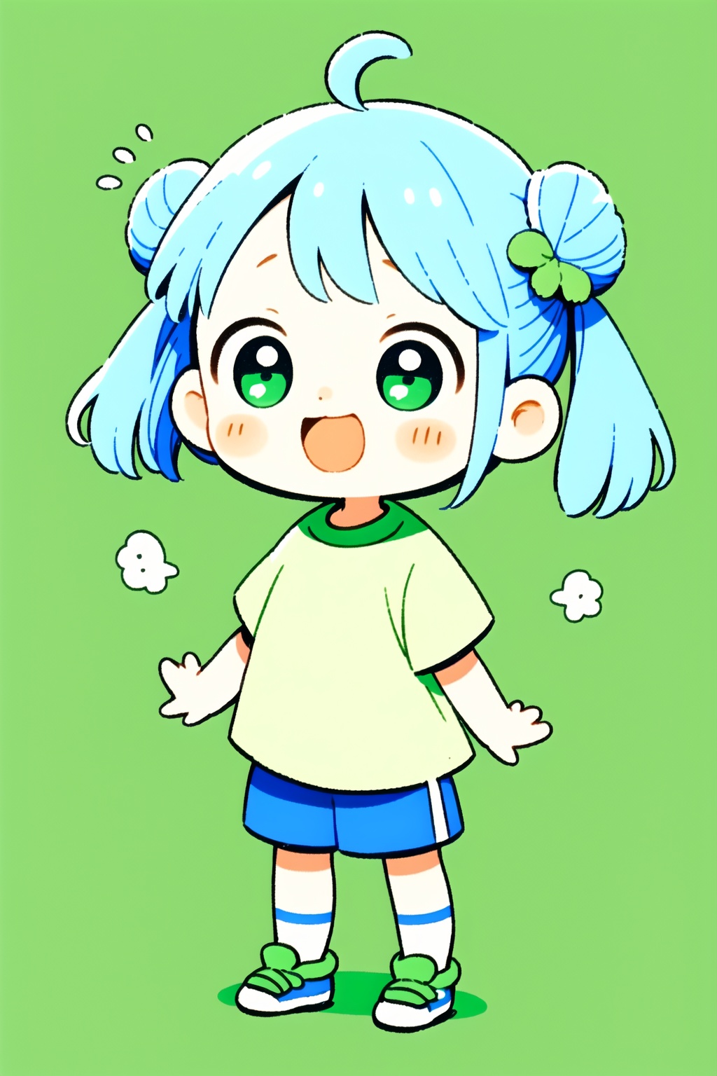 <lora:pencil style-7:0.8>,guchen,pencil style,chibi,1girl,solo,green eyes,shirt,blue shorts,blue hair,white background,hair bun,ahoge,shorts,open mouth,green shirt,smile,twintails,hair ornament,full body,double bun,simple background,short sleeves,standing,child,shoes,:d,blush,flying sweatdrops,