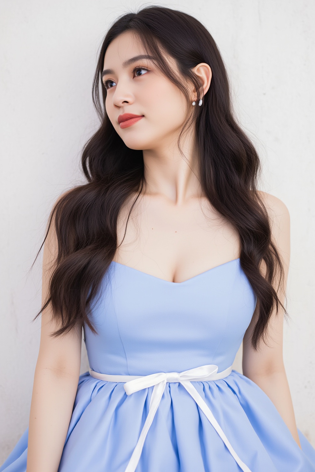 A woman with long dark hair is wearing a blue dress. The dress has a white ribbon tied around the waist. The woman has earrings in her ears. There is a white wall behind the woman.