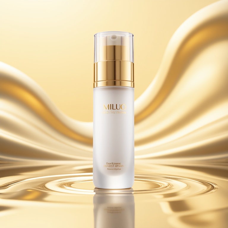 mids,Photo of a white, cylindrical bottle with a gold cap, placed on a reflective surface. The bottle has the name "MILUO" written in gold lettering on the front. The background is a soft, golden gradient with wavy lines, creating a sense of movement. The lighting is soft and warm, highlighting the bottle and its surroundings. The overall aesthetic is luxurious and elegant..<lora:t-流体美妆v1.3:1>