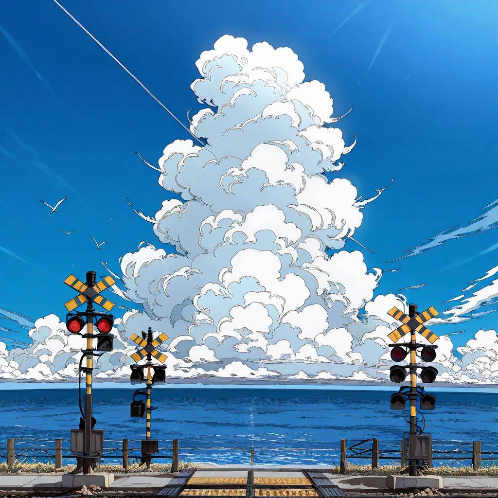 80s anime style illustration,  Japanese railroad crossing,  wearing a white embroidered blouse and dark navy pleated skirt...