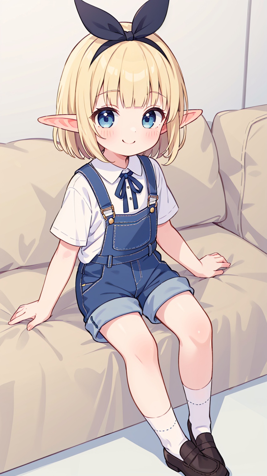 (masterpiece),(best quality),illustration,1girl,loli,(child),kawaii,solo,elf,blonde hair,short hair,blunt bangs,elf ears,blue eyes,ribbon,neck ribbon,black ribbon,bangs,smile,shirt,blue ribbon,overalls,shorts,bobby_socks,loafers,