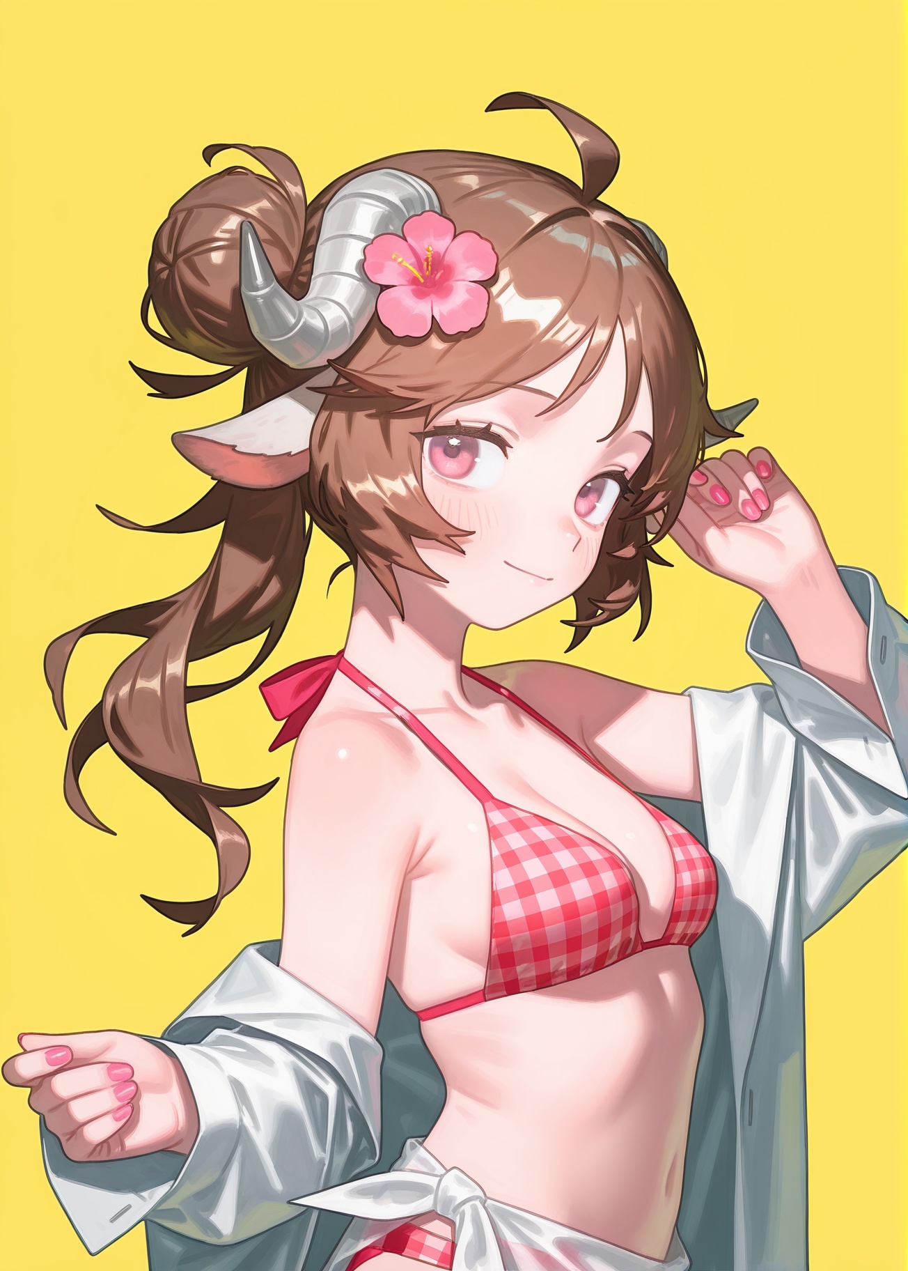 1girl,eyjafjalla \(arknights\),1girl,solo,looking at viewer,smile,simple background,shirt,brown hair,hair ornament,animal ears,closed mouth,white shirt,upper body,swimsuit,ahoge,flower,bikini,horns,hair flower,official alternate costume,pink eyes,off shoulder,hair bun,nail polish,from side,arms up,plaid,white jacket,single hair bun,yellow background,pink flower,pink nails,red bikini,sheep horns,sheep ears,sheep girl,plaid bikini,swimsuit cover-up,white sarong,, (tianliangduohefangdongye:1.2),(possummachine:1.4),(reoen:2),(3j dangan:0.4), best quality,amazing quality,very aesthetic,absurdres,masterpiece,