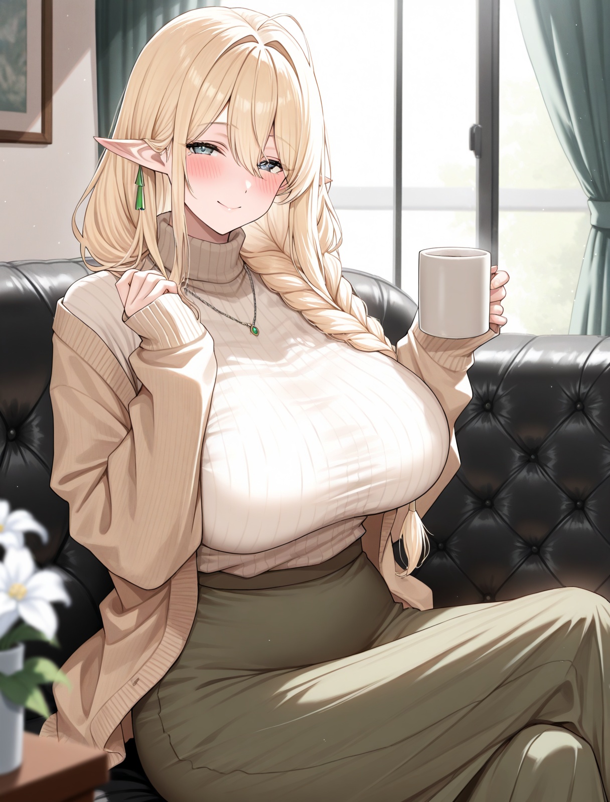 <lora:gouden_leeuw_IL_v2.0:1>,gouden leeuw,elf,braid,solo,smile,looking at viewer,sitting,window,white flower,sleeves past wrists,cardigan,necklace,blush,curtains,turtleneck sweater,open clothes,couch,blurry foreground,long skirt,crossed legs,upper body,cup the mug in both hands,, masterpiece,best quality,