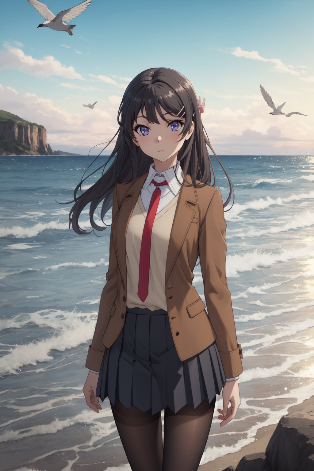 <lora:Mai-000010:0.8>,Mai CYQL,1girl,looking at viewer,solo,black_hair,long_hair,hairclip,hair_ornament,purple eyes,school_uniform,brown_jacket,shirt,white_shirt,necktie,skirt,pleated_skirt,pantyhose,black_pantyhose,loafers,brown_footwear,expressionless,bust,Cliffs, Waves, Coastline, Rocks, Sea spray, Seagulls, Dramatic, Power,(Rose bushes, Spring blooms, Garden sanctuary, Fragrant air, English countryside, Springtime charm:0.5),beautiful detailed sky,beautiful detailed glow,posing in front of a colorful and dynamic background,masterpiece,best quality,beautiful and aesthetic,contrapposto,female focus,wallpaper,