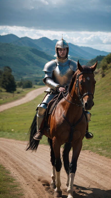 Handsome Knight with detailed armour on Horseback,  Cinematic Film Still. 'Muted Naturals' Coloring,  stunning lighting. R...