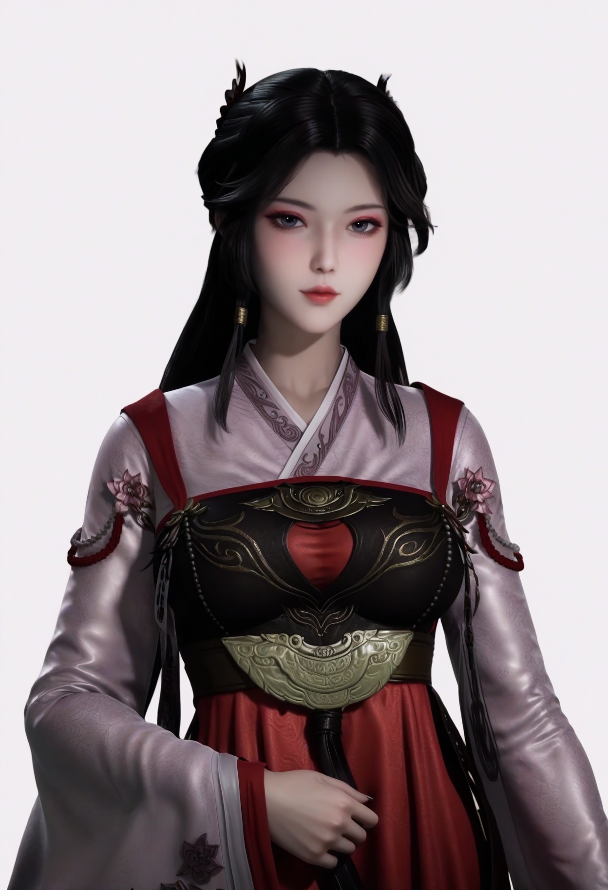 score_9,<lora:SF_LingYuXiu_Pony_Realism2.3-000004:0.7>,hair ornament,black hair,dress,long hair,lips,makeup,1girl,large breasts,hanfu,chinese clothes, solo,looking at viewer,white background,simple background,