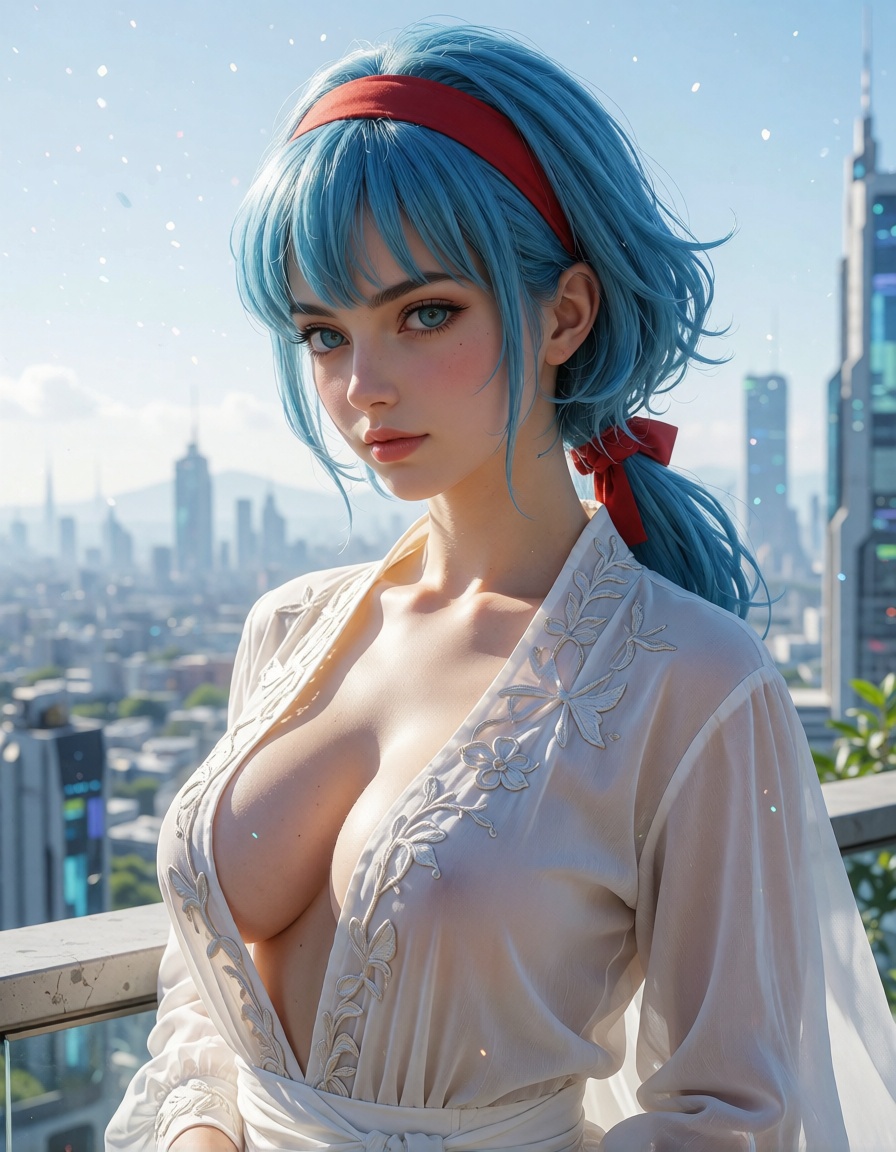 A solo portrait of a woman,  Lunch good From Dragon Ball series,  blue hair on Tensor.Art