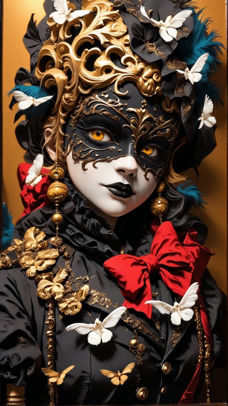 score 9, score 8 up, score 7 up,Close-up portrait of an enigmatic woman in an ornate baroque masquerade mask, white-painted face with intricate swirling gold and black filigree patterns, fiery amber eyes glowing beneath the mask. Her hair is voluminous and black with sculpted waves, decorated with tiny black blossoms and golden accents. She wears a regal high-collar dress with layered velvet, feathers, and lace, a crimson ribbon entwined around her neck. The lighting is moody and cinematic, casting sharp highlights on her face and mask, with soft golden bokeh in the background. Surreal atmosphere, gothic elegance, ultra-detailed textures, fantasy portrait, dramatic contrast, rococo gothic fusion,<lora:Masquerade__Symbolism:1> neobaroquemasquerade
