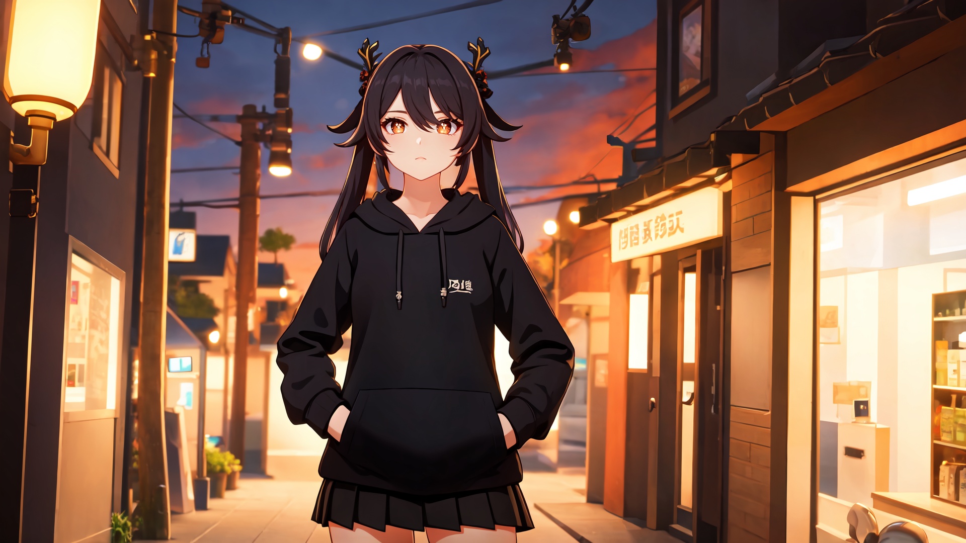 masterpiece,best quality,cinematic light,dramatic light,best shadow,colorful,wallpaper,high contrast,best illumination,ultra-detailed,an extremely delicate and beautiful,dynamic angle,depth of field,cowboy shot,upper body,(solo:1.5),1girl,(hoodie:1.5),(pleated skirt:1.5),(black shirt:1.5),perfect face,perfect eyes,sidelighting,outdoors,street,phone booth,cityscape,shop,handrail,street lamp,power lines,hands in pockets,sidelocks,detailed background,perfect hands,perfect fingers,detailed fingers,<lora:hutao-000010:0.5>,hu tao (genshin impact),symbol-shaped pupils,twintails,