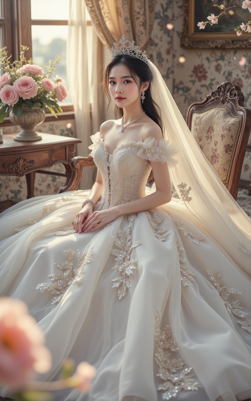 <lora:婚纱8.1>,hunsha,1girl,dress,jewelry,solo,black hair,necklace,tiara,wedding dress,white dress,veil,curtains,bracelet,realistic,sitting,flower,bare shoulders,gown,chair,indoors,princess,bride,<lora:时尚滤镜10:0.5>,Close-up details,outstanding style,adding a touch of dimension to your images without compromising details,whirls of vapour,iridescent textures,(Anime:1.1),ethereal ambiance,delicate details,magical high-concept,32K UHD,sharp focus,best-quality,masterpiece,golden hour,unconventional supreme masterpiece,masterful details,temperate atmosphere,with a high-end texture,in the style of fashion photography,photography,cover,Dynamic Angle,Dynamic posture,(artist:quasarcake:0.8),extreme aesthetic,(wlop:0.6),(honjou raita,lack,rella:0.5, wanke),masterpiece,best quality,good quality,news,very aesthetic,absurdres,Visual impact,A shot with tension,ultra-high resolution,32K UHD,sharp focus,best-quality,masterpiece,Emotionalization,unconventional supreme masterpiece,masterful details,temperate atmosphere,with a high-end texture,in the style of fashion photography,(Visual impact:1.2),giving the poster a dynamic and visually striking appearance,impactful picture,offcial art,colorful,splash of color,movie perspective,masterpiece,best quality,amazing quality,very aesthetic,absurdres,best quality,newest,