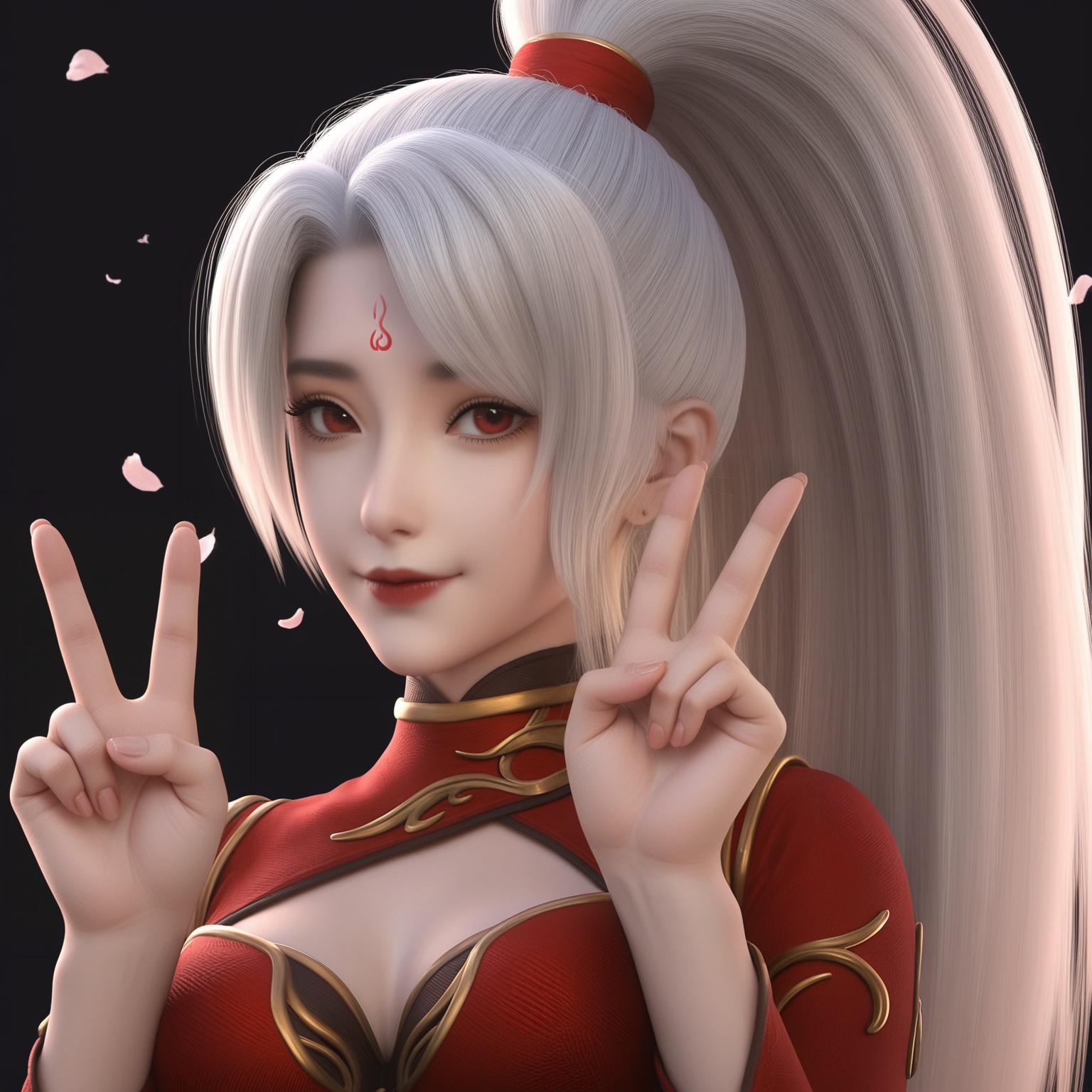 (score_9),masterpiece,best quality,absurdres,highres,BREAK(glamor:1.1),slender,white_skin,(fair_skin:1.1),collarbone,puffy chest,<lora:焰羽-ill:0.83>,yanyu,1girl,solo,long hair,white hair,ponytail,hair rings,red eyes,forehead mark,red dress,high collar,light blush,(seductive_smile:1.1),looking at viewer,(upper body),(double_v:1.1),face_foucs,front view,BREAKblack background,branch,twig,rim light,Cinematic Lighting,Volumetric Lighting,Tyndall effect,flower,falling petals,