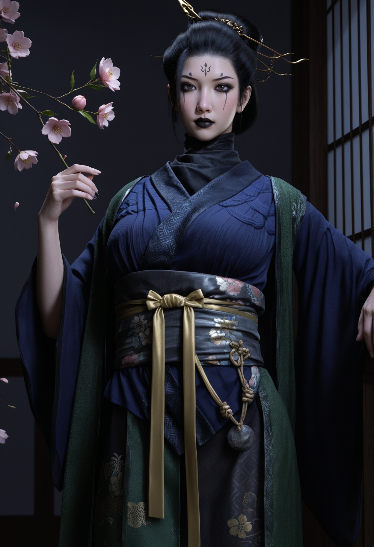 masterpiece,best quality,amazing quality,high resolution,ultra-detailed,absurdres,(looking at viewer:1.1),upper body,(Dark room:1.3),(moody lighting:1.1),peach blossom,falling petals BREAK large breasts,foursister,solo,1girl,black hair,facial mark,forehead mark,hair ornament,hair bun,hair stick,chinese clothes,sash,belt,toeless legwear,black_eyeshadow,black lips,Willow-shaped eyebrows,glamor,puffy breasts,pointy_breasts BREAK photorealistic details,<lora:QQSillfoursisterV1:0.8>,