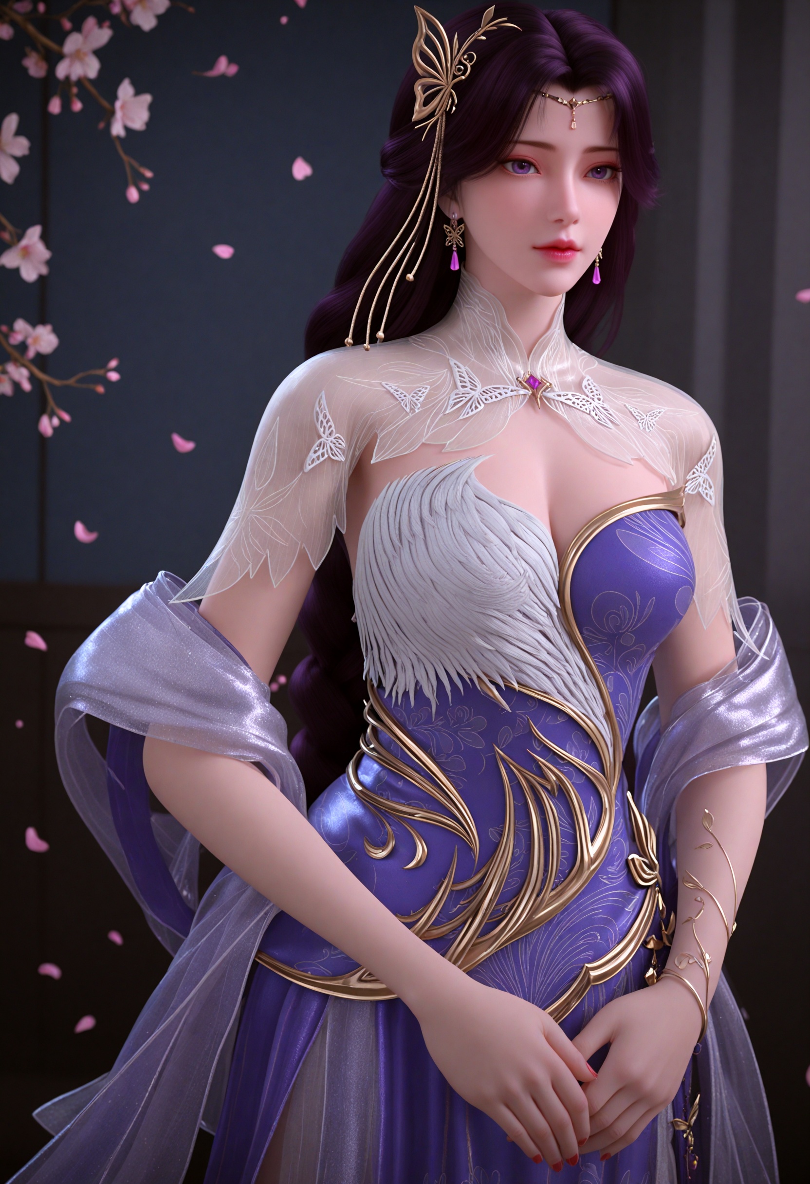 (cowboy shot:1.2),(gigantic breasts:0.6),(slender:1.3),(looking_at_viewer:1.1),(masterpiece:1.1),(best quality:1.2),(intricate details),dim lighting,(smog:1.3),(Dark room:1.3),(dim lighting:1.3),peach blossom,falling petals,<lora:YQ_li光辉v5_云曦服装1_V1:0.8>,solo,1girl,q1528437228,long hair,dress,purple hair,hair ornament,jewelry,earrings,braid,cleavage,bracelet,purple dress,masterpiece,(best quality),(intricate details:0.9) BREAK masterpiece,(best quality),(intricate details:0.9),(realistic skin:1.2),