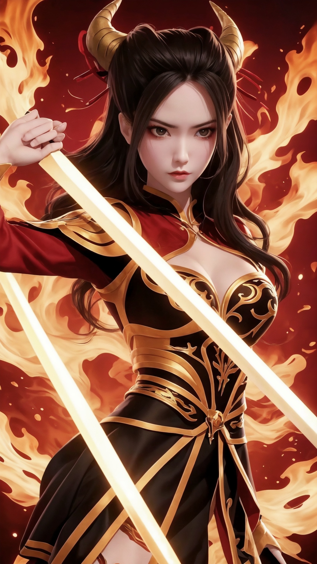 The image is a digital illustration of a female warrior. She is wearing a red and gold armor with intricate designs and patterns. The armor has a high neckline and long sleeves,and she is holding a sword in her right hand. The woman has long dark hair that is styled in loose waves and is wearing multiple horns on her head. She has a fierce expression on her face and is standing in front of a fiery background. The overall color scheme of the image is red,gold,and black.,<lora:1.5焰灵姬(3):0.8>,