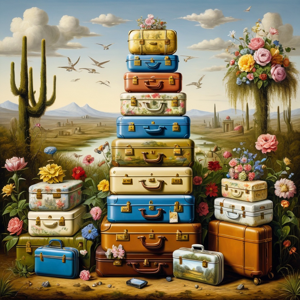 (best quality, masterpiece:1,1)a stack of suitcases((style Kevin-Sloan)), [background: desolate Renaissance landscape], (Surreal art, oil painting), detailed illustration, grotesque, intricate details, tempering, (aesthetics), excitement, hyper-realistic, insanely detailed,poakl flower style,<lora:poaklflowerstyle-000009:0.6>,